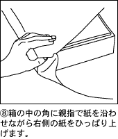 箱の中の角に親指で紙を沿わせながら右側の紙をひっぱり上げます。